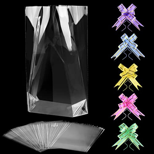 50 Stück Cellophantüten Klar 10 x 15 cm Transparente Zellophanbeutel Süßigkeiten Tüten mit 50 Pull Bögen Klare Flache Cello Cellophan Taschen für Süßes Geschenk Cupcake Spielzeug Gastgeschenke