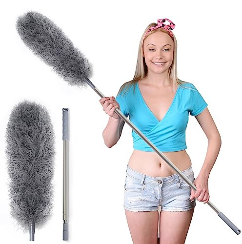 Plumeau Télescopique Lavable, Essuie-Poussière Télescopique en Acier Iinoxydable Microfibre, Tige Télescopique et Balai d'angle Pliable, Lavable, Long Plumeau Extensible, Extra Long jusqu'à 254 cm