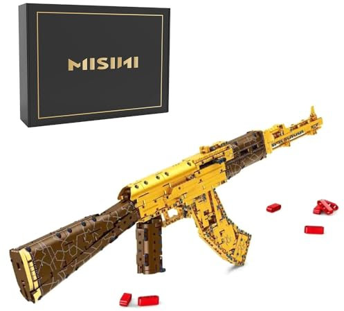 MISINI M6001 Gold AK47 Bausteine Set 1548 Pcs Klemmbausteine, Frühe Bildung Montage Pistole Modell Spielzeug, MOC Technologie Gewehr Modell mit Schießfunktion Baustein Spielzeug Jungen Geschenk