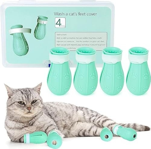 AIFUSI Anti-Kratzstiefel für Katzen, Katzenkrallenabdeckungen 4 Stück, Verstellbare Silikon-Katzenschuhe, Zubehör, Nagelschutzhandschuhe, Haustierbedarf für Katzenpflege, Baden, Rasieren (Grün)