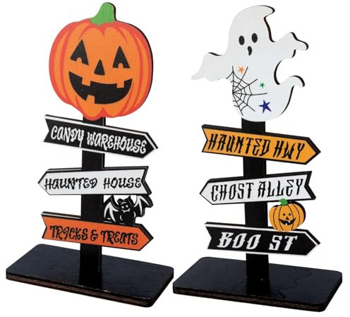 AWAVM 2-piece Set of Halloween Table Decorations, Halloween Wooden Decorations, Halloween Party Decorations, Wooden Ornament, Pumpkins, Ghosts, Tombstones