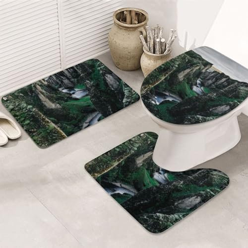 OPSREY Canyon Cliff Moosdruck Flanell Badezimmerteppich 3er Set Saugfähig Rutschfest Badvorleger Waschbar U-förmige Konturmatte WC-Deckelbezug für Badezimmer WC Badewanne Dusche