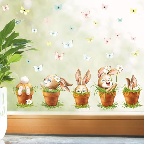 Wandtattoo Loft Fensterbilder Frühling 5 Hasen im Blumentopf Motiv – A2 Bogen Wiederverwendbar – Frühlingsdeko Fenster, Frühlingsbild Fenster, Fensterdeko Frühling, Fensterfolie Frühling Selbstklebend