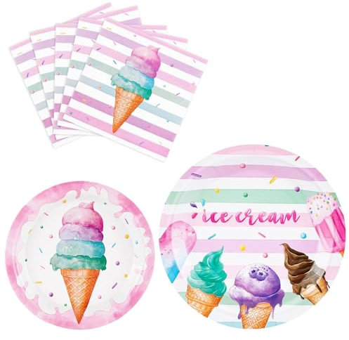 WERNNSAI Eiscreme Partyzubehör – 48 teiliges Eiscreme Party Teller und Servietten Set für Mädchen Geburtstag Babyparty Rosa Einweg Abendessen Dessert Geburtstagsparty Geschirr Set für 16 Gäste