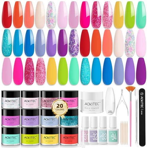 Aokitec 36 PCS Dip Powder Nail Kit - 21 SummerColours Nail Dipping Powder Kit with Dip Base Activator Top Coat Brush Saver Build Nail Powder for French Manicure Starters Gift Sets for Women & Girls