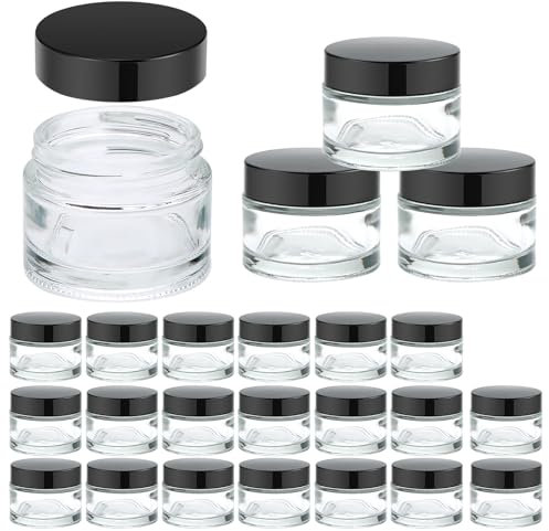 Lot de 24 petits pots en verre transparent avec couvercles noirs, 56,7 g, petits bocaux vides en verre avec doublure intérieure, format voyage pour lotion, cosmétique, crème