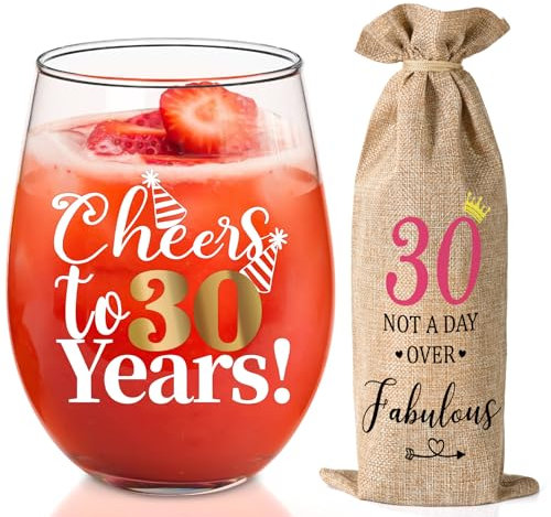 Livole 30th Birthday Gifts for Women, Her, Cheers to 30 Years, 30th Wine Glass, 30th Wedding Anniversary, Best Friend Birthday Presents, 15oz Stemless Drinking Glasses for Wine, Cocktail, Wine Bag