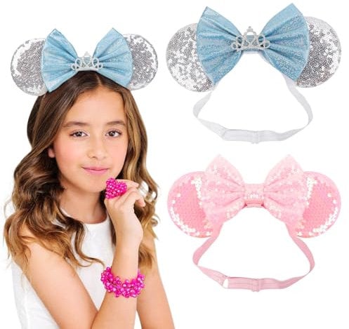 DRESHOW Minnie Ears Headbands Mouse Ears Sequin Bow Headbands Elastic Adjustable Headband Glitter Party Decoration Cosplay Costume for Women