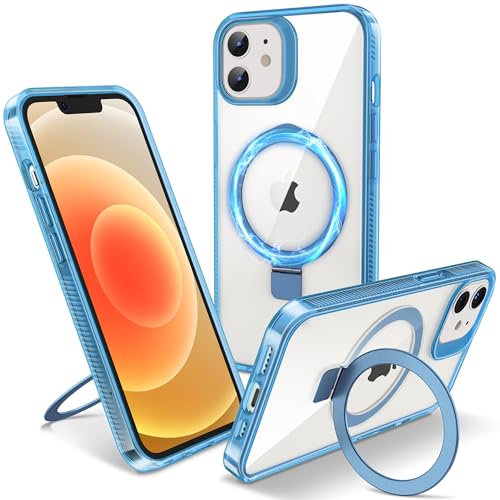 Flyzoo Magnetic Kickstand Case for iPhone 12/12 Pro, [Compatible with MagSafe & Invisible Ring Stand Holder] [Non-Yellowing & Shockproof] Transparent Hard Silicone Edge Cover, 6.1'', Clear Blue