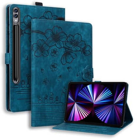 TEDTIKJT Funda para Samsung Galaxy Tab S9 Ultra/Tab S8 Ultra 14.6 (SM-X910/X916B/X900/X906) Carcasa PU Cuero Folio con Ranura Tarjetas Soporte Protección Cover,Flores Cerezo Gatos Tablet Cover Azul