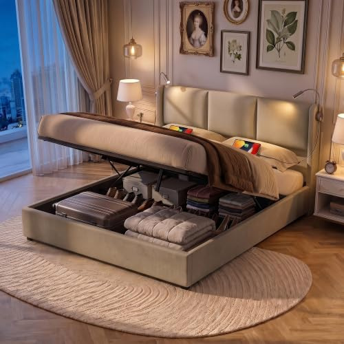KeepGoon Lit capitonné 160 x 200 cm, Lit Double Espace de Rangement, Coffre de lit Lampe de Lecture avec Fonction de Charge, Cadre de lit pour Adolescent avec sommier
