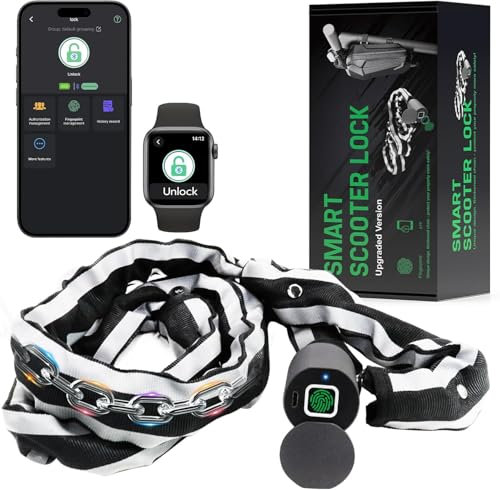 Electric Scooter Lock eLinksmart Bike Chain Lock Fingerprint App Unlock Heavy Duty Anti-Theft Escooter Accessories with Waterproof Bag Chain Lock for Bicycle Scooter Motorcycle Gates