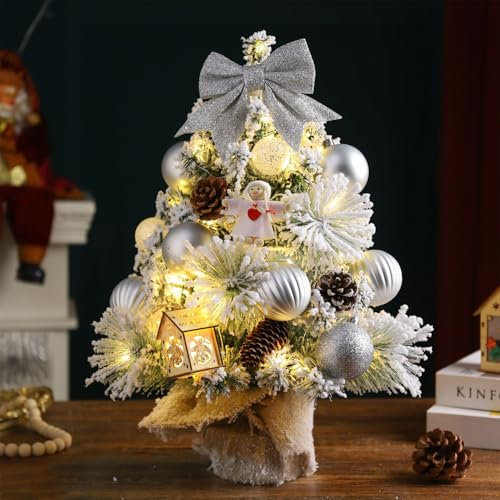 45cm Tabletop Christmas Tree With LED Lights, Mini Artificial Small Tabletop Flocked Xmas Tree Pine Cones Balls Cloth Bag Base for Christmas Decorations,Battery Operated (Silver)