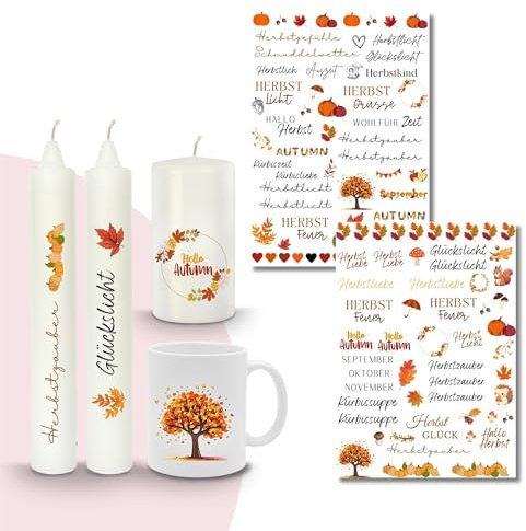 MilaBoo® Kerzentattoos 2x A4 I DIY Aufkleber für besondere Anlässe einfache Anwendung I Wasserschiebefolie für Kerzen I Premium Kerzenaufkleber (Herbst)