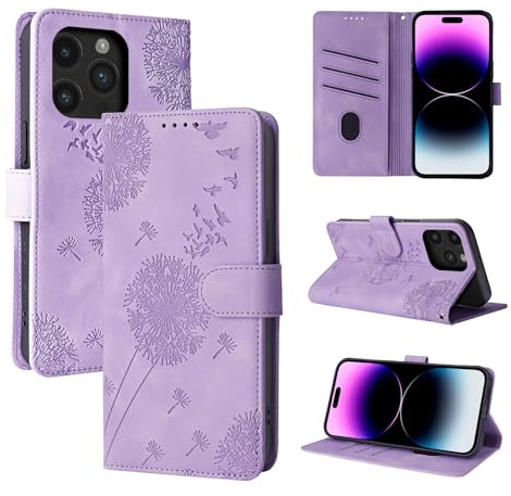 Rostsant Custodia per iPhone 14 Pro Max - Dente di Leone in Pelle PU, Flip Portafoglio Magnetica per Cellulare 5G - Viola