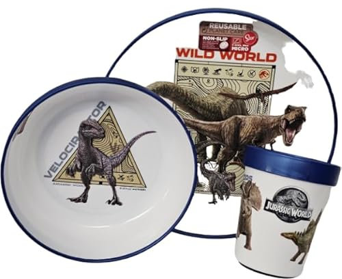 Ensemble de vaisselle réutilisable pour enfants bicolore – Set composé de 3 pièces: assiette, bol et verre pour enfants et bébé avec base antidérapante – Sans BPA (pour JURASSIC WORLD)