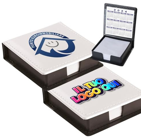Portacarte da Scrivania Bianco Vano con Calendario e Bigliettini inclusi Personalizzabile con Testo Nome Logo, Porta Memo Gadget Aziendale per Lavoro Ufficio Pubblicitario Regalo Personalizzato (100)
