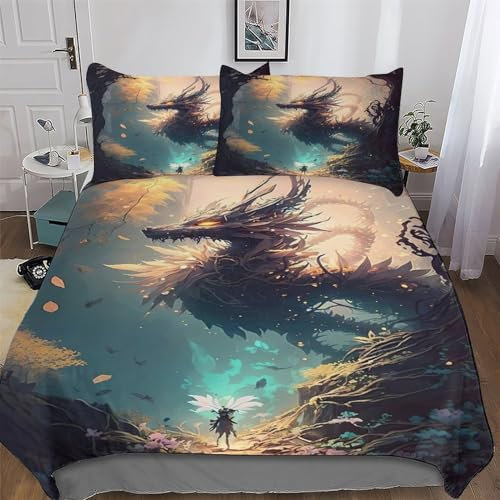 AAPZY Drache Bettwäsche Für Jungen Mädchen 3D Deckenbezug Set 2 teilig Bettbezüge Atmungsaktive Mikrofaser Bettbezug Mit Reißverschluss Und Kissenbezug Single (135x200cm)