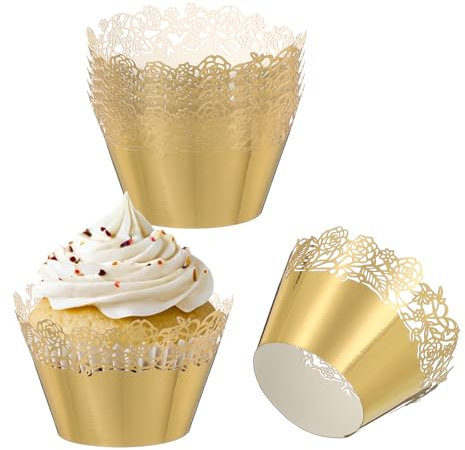 PATIKIL Cupcake Wrappers Paper, 50 Pack Baking Cups Standard Rose Decoration for Anniversary Birthday Weddings and Parties, Reflective Gold