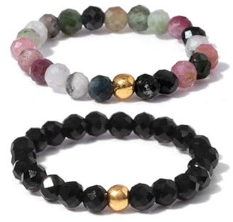 GoPaw Elastischer Naturstein Ring, 2 Stck.Perlen Elastische Ring, Perlenring elastisch, Anxiety Ring facettiert, Edelstein Perle Stapelbar Ring für Damen Mädchen (Schwarz)