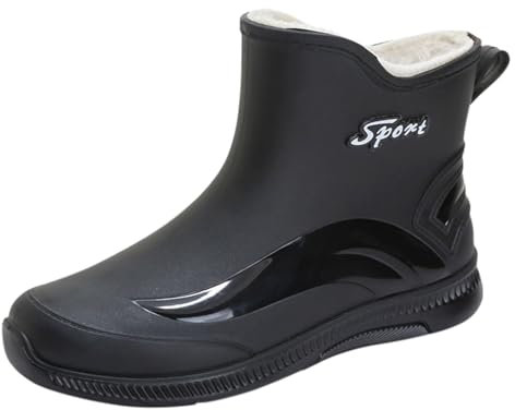 Stivali da pioggia in gomma termica da uomo, foderati, impermeabili e leggeri, imbottiti, in cotone, per esterni, da pesca, da cucina, Nero , 42 EU