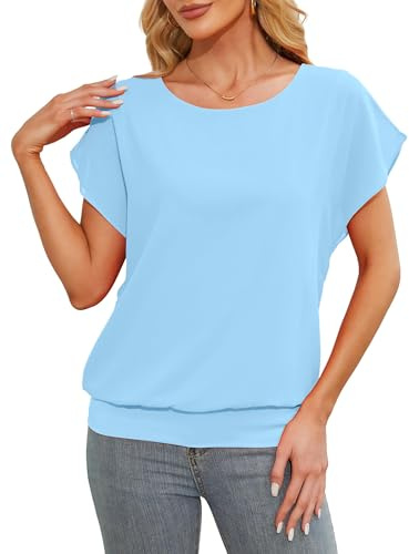 Anelune Womens Tops Summer Chiffon Blouse, Light Blue, L