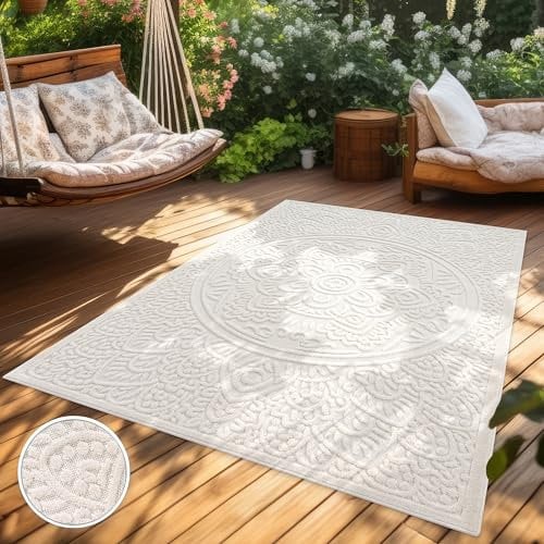 Paco Home Teppich In- & Outdoor, Moderne abstrakte Boho Designs mit 3D Struktur, robust & wetterfest, ideal für Terrasse Wohnzimmer & Küche, Grösse:240x340 cm, Farbe:Creme 3