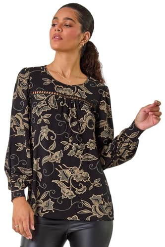 Roman Originals Paisley Lace Trim Top for Women UK - Ladies Everyday Holiday Autumn Winter Pull-On Round Neck Long Sleeves Comfy Soft Vacation Work - Tan - Size 10