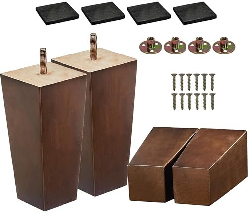 REGAL DISPLAY 4 Inch/10cm Solid Wooden Furniture Legs - Set of 4 Mid-Century Modern Square Replacement Feet for Sofa, Couch, Bed & Cabinet with M8 Bolts (Brown)