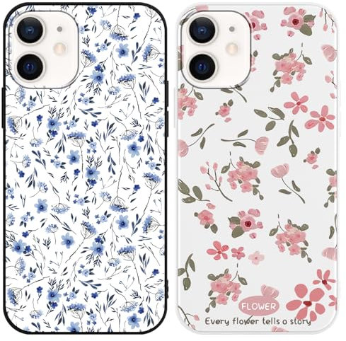 Phoona 2 Pack Cute Case for iPhone 12 / iPhone 12 Pro 6.1, Pink Floral Aesthetic Preppy Summer Girly Blue Flower Design Pattern for Girls Women, Slim Soft Silicone Shockproof Bumper Protector Cover