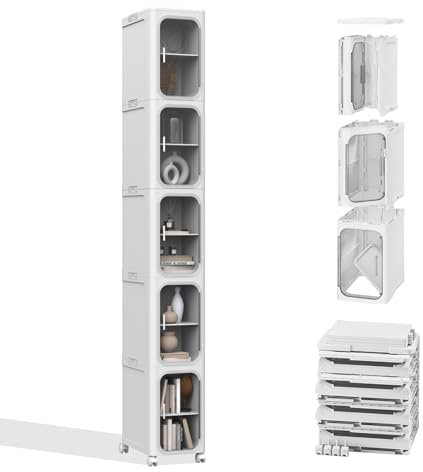 LQDMAER Badschrank Stehend, Badezimmerschrank Weiß Schmal, 5-Tier Plastik Schrank für Bad, Mobiler Badezimmer Schrank mit Rollen, hoher schmaler badezimmerschrank platzsparend 34 cm breit