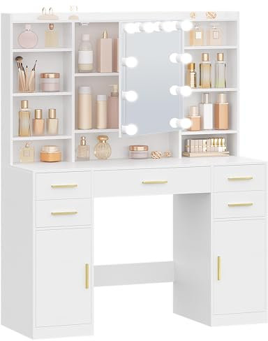 HEXCELEN 108 cm Dressing Table with Mirror, Vanity Desk with 10 LED Lights, Adjustable Brightness, Makeup Desk with Hidden Shelves, 5 Drawers, 2 Cabinets and 9 Open Shelves, for Bedroom, White