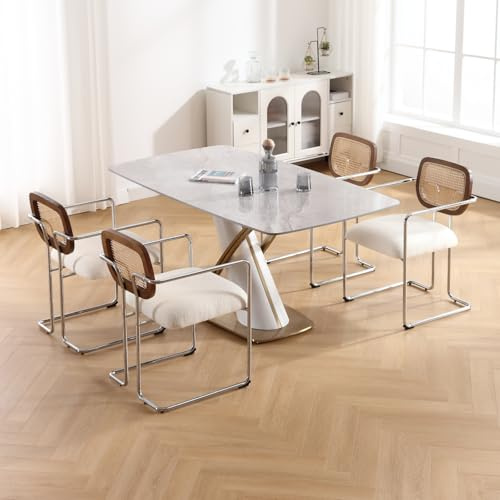 DAYALANE Esszimmerstühle 4er Set, Retro Küchenstühle mit Rattan Rückenlehne Gepolsterte Essstühle mit Metallgestell aus Kunstfell, für Esszimmer Wohnzimmer Küche Schlafzimmer Lounge, Weiß