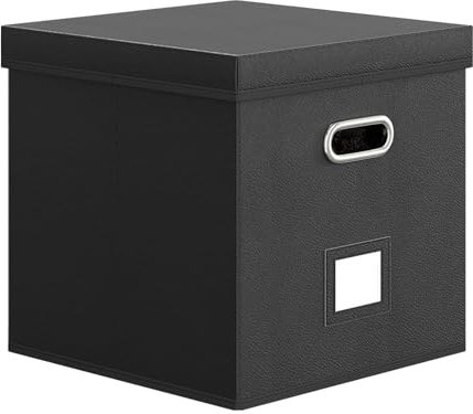 Record Storage, Vinyl Album Box, Stackable Record Holder, Leather Cardboard Case with Lid for Neat Collection Display, Music Albums Storage DJ Studio Travel Use, Black