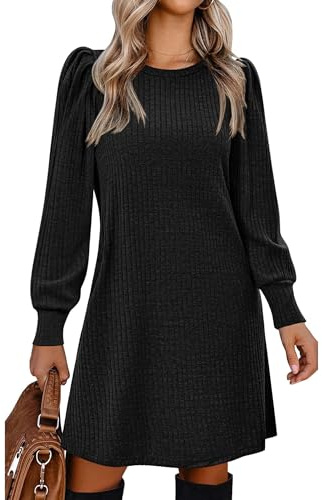 Zeagoo Jumper Dresses for Women UK Puff Long Sleeve Dress with Pockets | Knitted Dress Autumn Dress Casual Lightweight Tunic Dress for Fall Winter