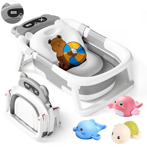Bizcasa Bañera Plegable Bebé, Bañera Bebé Portatil con Termómetro Integrado, Bañera Bebe con Patas Plegables Antideslizantes, Diseño Ergonómico,Bañeras para Bebes Banheira (Gris - Oso)