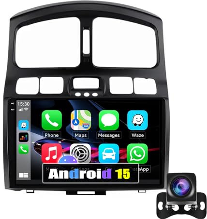 Estéreo para Coche de 9 con Android 14 y Doble DIN para Hyundai Santa Fe (2005-2015), CarPlay inalámbrico, Android Auto, Bluetooth, GPS, FM RDS, WiFi, procesador de Cuatro núcleos (1+16 GB)