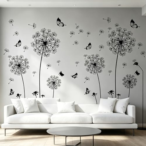 Busnos 2 Stück Schwarzer pusteblume wandtattoo für wohnzimmer schlafzimmer badezimmer flur möbel Großer Löwenzahn wandaufkleber wandtattoo blumen wanddeko wohnzimmer