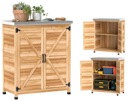 Outsunny Armario Exterior de Madera Estante 2 Puertas 79x43x92 cm Natural | Caseta de Jardín Exterior, Techo de Acero Galvanizado, Cobertizo de Jardín para Almacenamiento de Herramientas