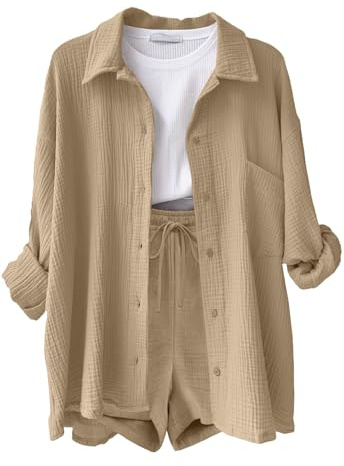 Yutdeng Zweiteiler Damen Sommer Musselin Set Hose Bluse Baumwolle Musselin Shorts mit Taschen und Hemd Leinen Set Damen Sommer Outfit 2 Teiler Casual Strand Travel Airport Outfit Lounge