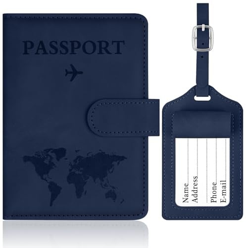 OFFCUP Custodia per Passaporto, Custodie Porta Passaporto con Blocco RFID, Custodia Passaportos con Etichetta Valigia in Pelle PU per Carte d'Identità Carte di Credito, Passaportos Pass (Blu scuro)