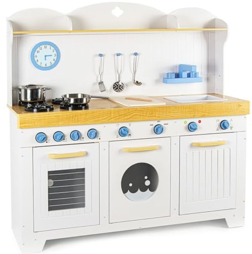 BAYAGU Cuisine jouet en bois grand pour enfants avec accessoires, cuisine avec four, évier, lave-vaisselle, machine à laver, jeu de rôle éducatif créatif, cadeau pour enfants 3+ avec horloge