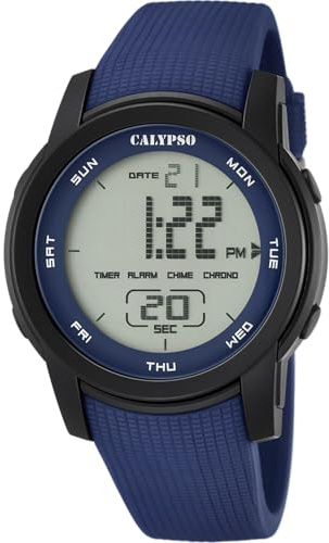 Calypso Uhr Digital Herren aus Kautschuk Blau Sport-Herrenuhr | Wasserdicht 10 ATM Datum/Kalender, Chronograph, Zwei Zeitzonen, Beleuchtung, Alarm, 12 und 24 Stunden K5698/2 Color Splash
