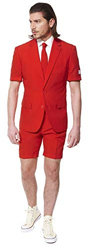 OppoSuits Herren Men Suit Business-Anzug Hosen-Set Inklusive Shorts, Kurzarmjacke & Krawatte, Red Devil, 46 EU