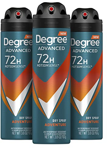 Degree Men Advanced Antiperspirant Deodorant Dry Spray Adventure 72-Hour Sweat and Odor Protection Deodorant For Men With MotionSense Technology, 3.8 Ounce (Pack of 3)