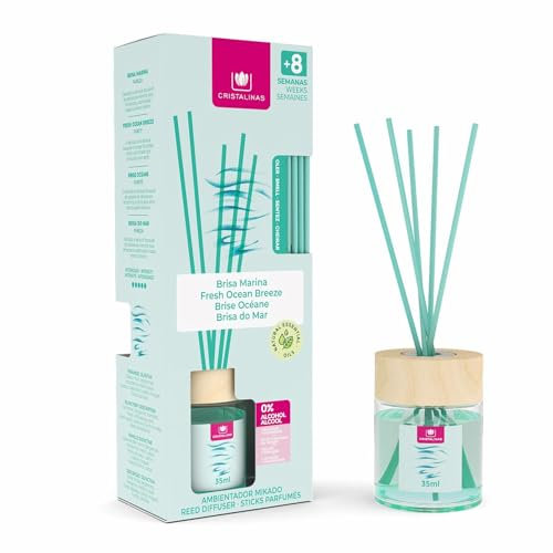 Cristalinas. Ambientador Mikado Clásico. Difusor con Varillas de ratán. Formula sin Alcohol. Máxima duración: más de 8 semanas. Capacidad 40ml. Disfruta de tu Aroma Favorito Brisa Marina