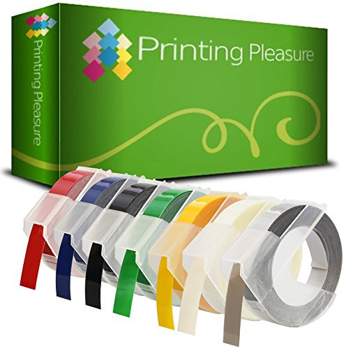7er Pack schwarz/blau/rot/grün/gelb/transparent/silber Selbstklebenden Etiketten 3D Prägeband 9mm x 3m, Kunststoff, kompatibel für DYMO Omega und Junior Etikettenprägegerät