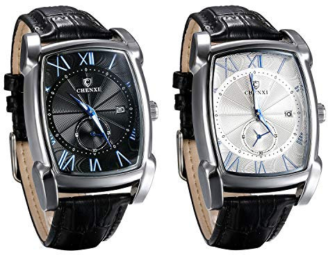 JewelryWe 2pcs Herren Uhren Analog Quarz Kalender 30M wasserdichte Armbanduhr Römischen Ziffern Rechteckige Geschäfts Beiläufige Uhr mit Echtleder Leder Armband, Schwarz Weiß