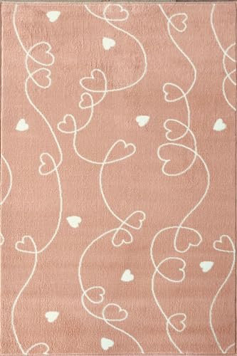 LIVONE Happy Rugs for Kids Pflegeleichter Kinderteppich Baby Teppich Kinderzimmer Streifen Herz in rosa Weiss Größe 120 x 180 cm