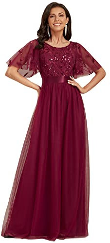 Ever-Pretty Robe de Demoiselle d'honneur Col Rond Manches Courtes Taille Empire A-Line Tulle Longue Femme Bordeaux 52